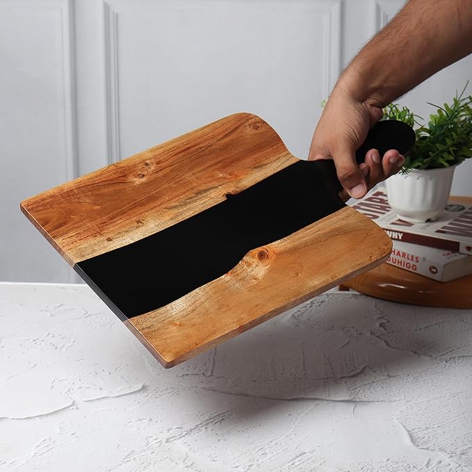 Acacia Wood & Epoxy cheese board | 16.5x10 inch | Use as serving platter tray for dishes, food, charcuterie, appetizers, Snacks | Cutting Board for fruits and vegetables | (Black)