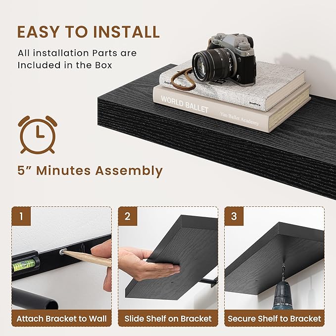 fuqing Floating Shelves for Wall, Wall Mounted Wood Floating Shelf with Invisible Brackets for Living Room, Bathroom, Bedroom, Kitchen Storage and Decor, 30 Inch Set of 2, Black