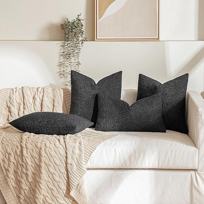 MIULEE 18x18 Inch Decorative Pillow Covers for Couch Bed Set of 2 Textured Boucle Neutral Winter Throw Pillows Halloween Black Accent Solid Cushion Pillowcases Sofa Livingroom Home Decor