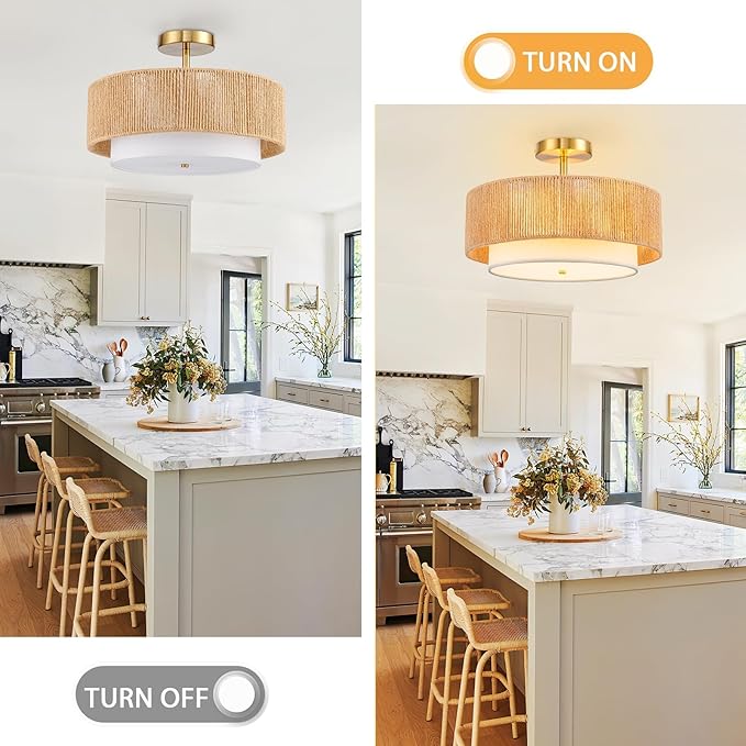 SineRise 16'' Rattan Flush Mount Ceiling Light Fixture,2-Tier Drum Hand-Woven Boho Flush Mount Ceiling Light,Farmhouse Light Fixture for Living Room,Kitchen,Bedroom Foyer Entryway ect.