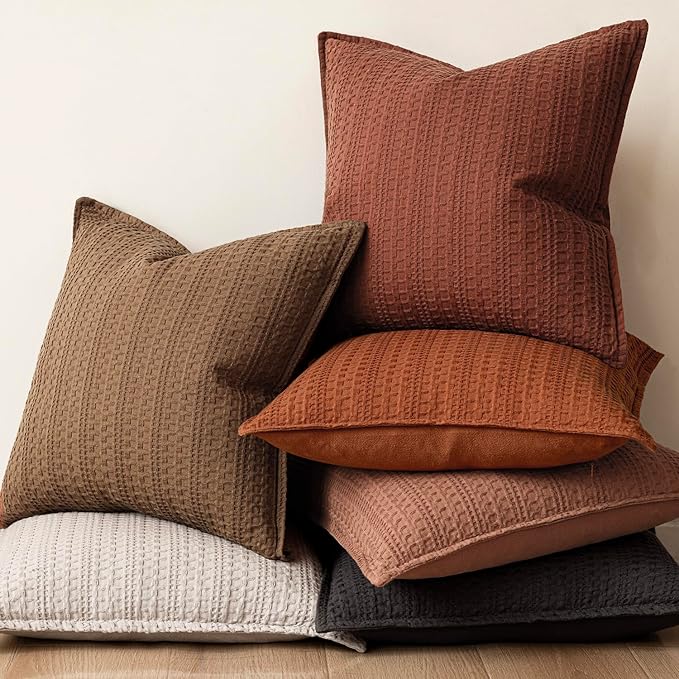Foindtower Set of 2 Decorative Cotton Waffle Weave Throw Pillow Covers Euro Sham Cushion Covers Accent European Pillowcase For Bed Couch Sofa Bedroom Living Room Home Decor 24×24 Inch Fall Rust Orange