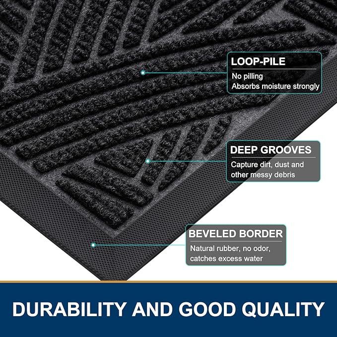 Smiry Front Door Mat Indoor Outdoor Entrance, Heavy Duty Natural Rubber, Sturdy Trap Dirt, Moisture Doormat and Easy Clean Low Profile Patio Porch Entryway Mat, 36x24 Inch, Black/Geometric