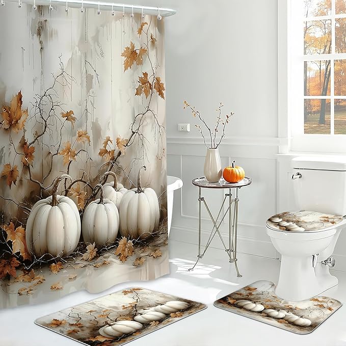 MEHOFOND 4pcs Vintage Pumpkin Shower Curtain Set, Fall Thanksgiving Harvest Vintage Decor, Retro Autumn Halloween Bathroom Accessories, Farmhouse Maple Leaves Bathroom Curtain Sets 72x72 Inch