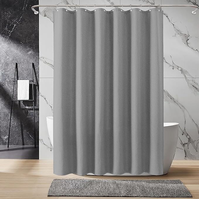 Inhousolu Fabric Shower Curtain Waffle Weave, 230 GSM Heavy Duty, Weighted Hem, 8 Metal Hooks, Water Repellent, Machine Washable, Hotel Spa Luxury Bath Curtain Set, 36 x 72 Inch, Grey