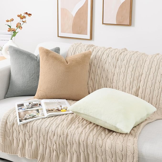 Pallene Faux Fur Plush Lumbar Throw Pillow Covers 12x20 Set of 2, Soft Fluffy Couch Pillow Covers for Living Room, Cream White