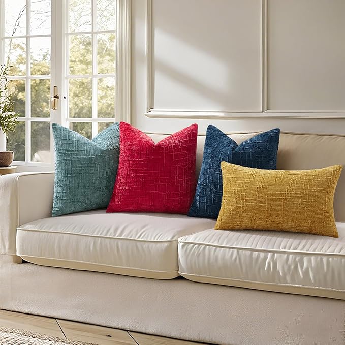 decorUhome Christmas Red Chenille Throw Pillow Covers 18x18 Set of 2 Thick Textured Slubby Couch Pillow Covers Farmhouse Accent Modern Neutral Decorative Pillow Cases for Bed Sofa Living Room