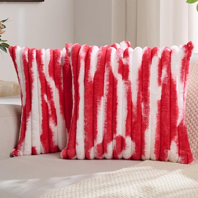 FUTEI Red Decorative Throw Pillow Covers 22x22 Inch Set of 2, Soft Tie-Dye Faux Rabbit Fur Striped Texture Cushion Case, Modern Home Decor for Couch Bed Living Room