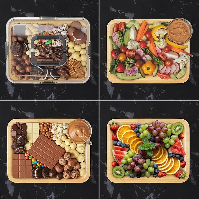 SpaceAid Charcuterie Board with Clear Lid, Portable Travel Cheese Cutting Boards for Picnic Accessories, Bamboo Serving Tray with Lids, House Warming Gifts, Black Handles, 1 Compartments