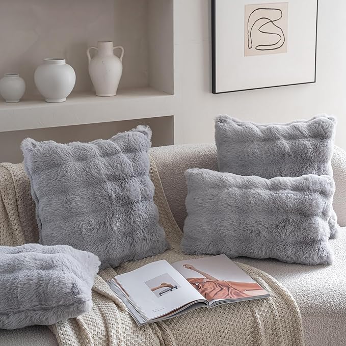 Neelvin Gray Faux Fur Cozy Soft Double-Sided Decorative Throw Pillow Covers 22x22 inch Set of 2,Velvet Pillowcase Cushion Case for Sofa Couch