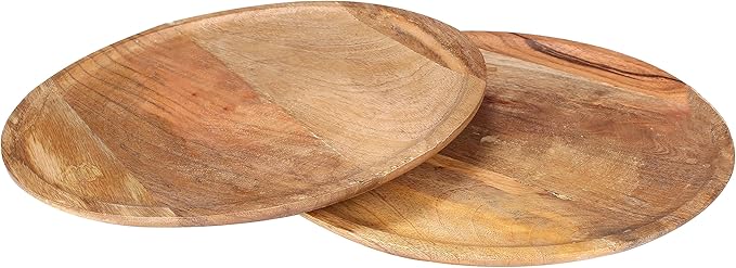 CLEENTABLE 11" Mango Wood Appetizer Plates Set of 4 - Handcrafted Round Plates for Salad, Dinner, Pasta, Dessert, Appetizer, Sushi, Fruit for Serving, Durable Dinnerware for Parties (Natural)