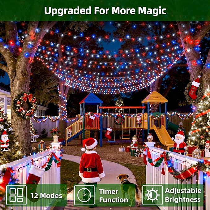 1500 LED Chrstmas Lights, 470ft Outdoor Christmas String Lights with 12 Modes, Red White and Blue LED String Lights with Timer Dimmable Waterproof for Tree Fence Garden Xmas Wedding Party Decor
