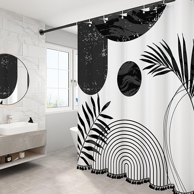 Boho Mid Century Leaf Shower Curtain Set,Arch Sun Design,Minimalistic Leaves Pattern,Waterproof and Luxurious Fabric-12 Hooks(Black-72" x 78")