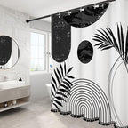 Boho Mid Century Leaf Shower Curtain Set,Arch Sun Design,Minimalistic Leaves Pattern,Waterproof and Luxurious Fabric-12 Hooks(Black-72" x 84")