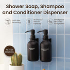 MaisoNovo Shampoo and Conditioner Dispenser - Shower Soap Dispenser Wall Mounted - 16.9 fl oz Set of 2 Black Plastic Bottles Black Pumps - 2 Chamber No Drill