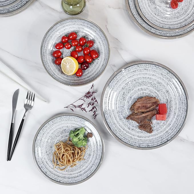 Melamine Dinnerware Sets 12 PCS - Service for 4 Plates & Bowls Sets Dishwasher Top-Shelf Safe, BPA Free Dinner Dishes Set for Everyday Use-Granite Pattern Gray