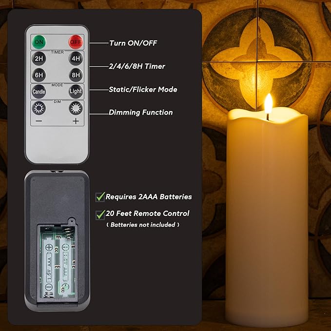 2pack 4"*10" Waterproof Outdoor Flameless Candles with Remote & Timer, Plastic Battery Operated LED Flickering Pillar Candles for Camping, Weddings, Ivory