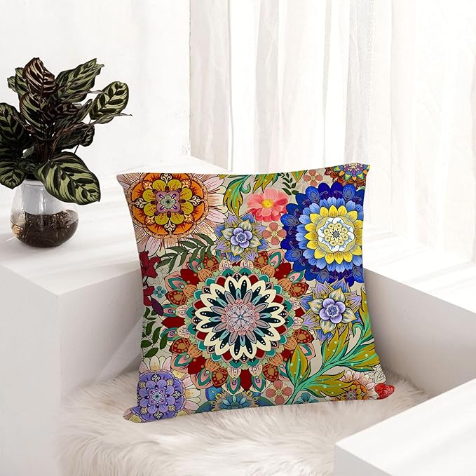 Boho Floral Throw Pillows Covers Colorful Flowers Decorative Pillow Cases for Sofa Couch Bedroom Living Room Decor Farmhouse Cushion Covers 18x18 Inches Set of 4