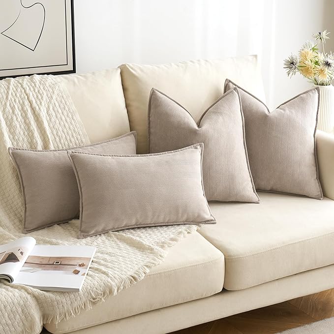MIULEE Pack of 2 Beige Decorative Pillow Covers 16x16 Inch Soft Chenille Luxurious Couch Throw Pillows Farmhouse Cushion Covers with Elegant Design for Sofa Bedroom Living Room Home Decor