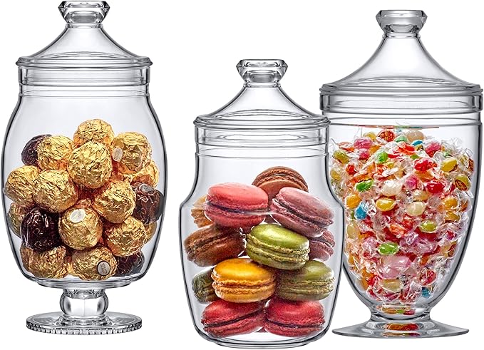 Amazing Abby - Keep - Acrylic Apothecary Jars (3-Piece Set), Plastic Jars with Lids, Bathroom Canisters, Vanity Organizers, Candy Buffet, Wedding Display, BPA-Free and Shatter-Proof (NOT Glass)