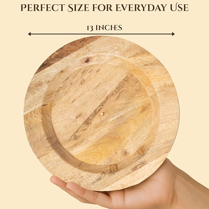CLEENTABLE Wooden Serving Platter Set of 2-13" Handcrafted Serving Plates - Round Rustic Natural Tableware for Indoor/Outdoor Dining, Weddings, Holidays, Party, Sushi, Dinnerware (Natural)
