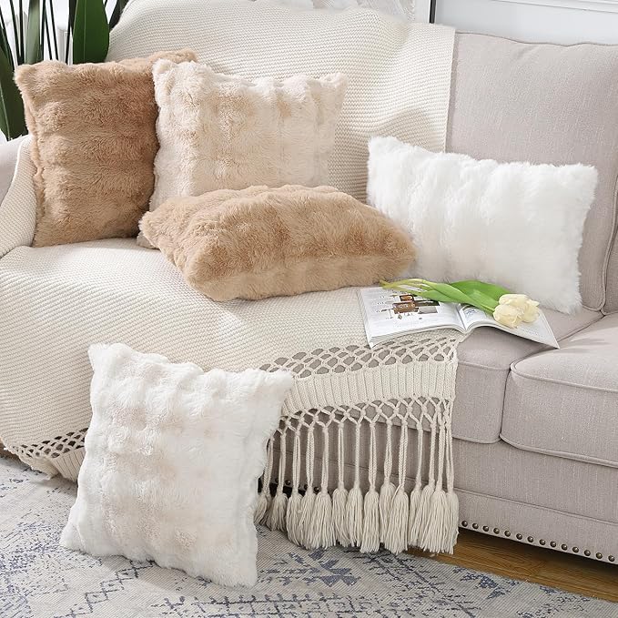 MADIZZ Pack of 2 Thick Plush Wool Throw Pillow Covers 12x20 Inch Cream Soft Neutral Decorative Throw Pillows Accent Boho Cushion Covers for Couch Sofa Bedroom Pillow Shell