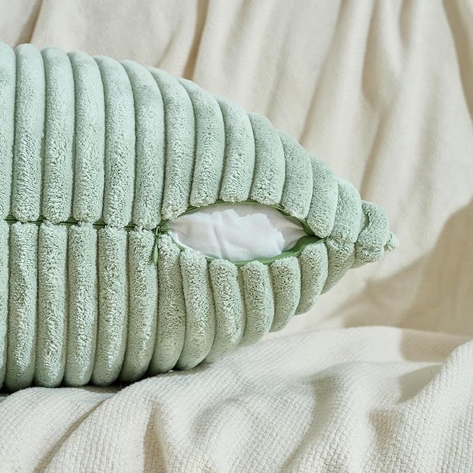 Fancy Homi Set of 2 Sage Green Boho Decorative Throw Pillow Covers 20x20 Inch for Bedroom Couch Bed, Soft Fuzzy Cozy Striped Corduroy Cushion Case, Bohemian Home Decor, Men Women Teen Girls Gift