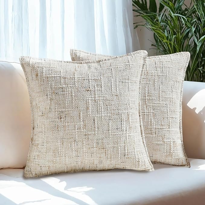 HAUSSY Cream White Throw Pillow Covers 18x18 Set of 2 Chenille Tweed Textured Decorative Couch Lumbar Pillow Covers Neutral Modern Pillow Cases for Sofa Bed Living Room Decor