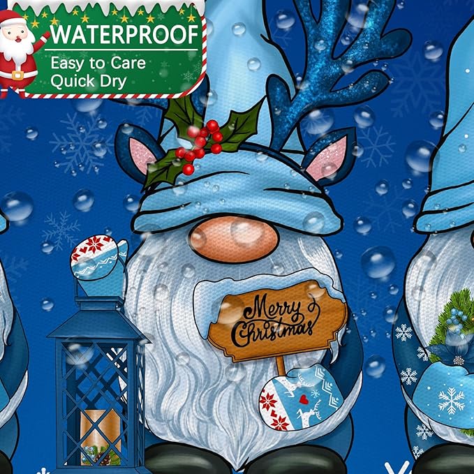 Blue Christmas Shower Curtain, Cute Christmas Gnome Shower Curtain Set, Winter Snowflakes Snow Xmas Shower Curtain Holiday Bathroom Decor, Durable Fabric Machine Washable with Hooks, 72 x 72 Inches