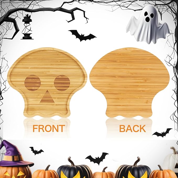 WILLKOMMEN Halloween Serving Tray, Skull Shaped Charcuterie Board, Bamboo Serving Platter 10" x 9" for Party Child Spooky Appetizer Board Serving Dish for Cheese,Snacks,Candy,Cookies