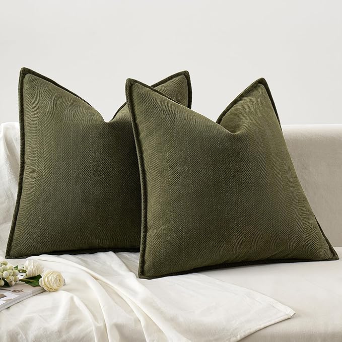 MIULEE Pack of 2 Olive Green Decorative Pillow Covers 26x26 Inch Soft Chenille Luxurious Couch Throw Pillows Boho Cushion Covers Euro Shams with Elegant Design for Sofa Bed Living Room Home Decor