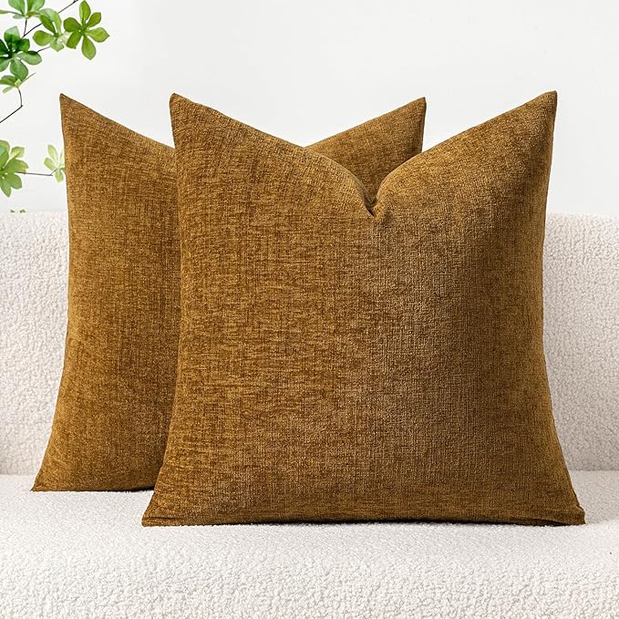 MIULEE Pack of 2 Couch Throw Pillow Covers 16x16 Inch Soft Mustard Chenille Pillow Covers for Sofa Living Room Solid Dyed Pillow Cases