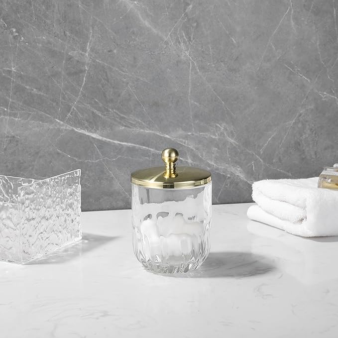 Glass Jar with Metal Lid for Bathroom Organization, Clear Apothecary Jar for Cotton Balls, Q Tips, and Small Accessories, Stylish Bathroom Storage Container Gold