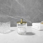 Glass Jar with Metal Lid for Bathroom Organization, Clear Apothecary Jar for Cotton Balls, Q Tips, and Small Accessories, Stylish Bathroom Storage Container Gold