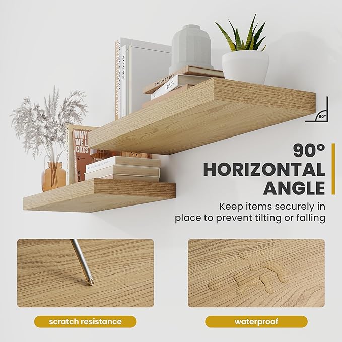 40 Inch Floating Shelves, 9.3" Deep Floating Shelf Wall Mounted, 40" Wall Shelves, Rustic Deep Bookshelf, Large Display Shelves & Storage Shelves for Bedroom, Living Room, Oak, Set of 2