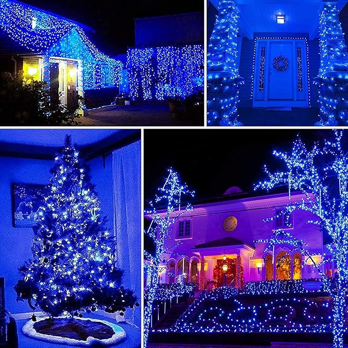 QITONG Blue Solar Fairy Lights, 4 Pack Each 33ft 100 LED String Lights Outdoor Waterproof, 8 Modes Silver Wire Twinkle Mini Lights
