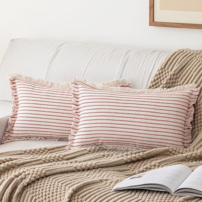 Throw Pillow Covers 12x20 Set of 2 Striped Fringe Pillow Cover Farmhouse Cushion Covers with Tassel Neutral Boho Pillows Decorative Square Pillowcase for Couch Sofa Bed, Red
