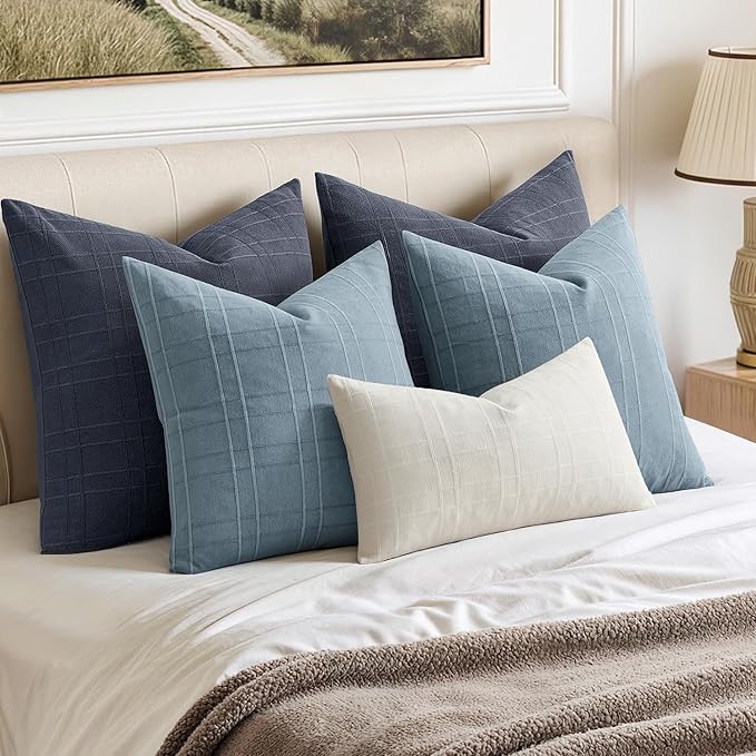 MIULEE Decorative Linen Check Throw Pillow Covers Neutral Farmhouse Vintage Pillow Covers 20x20 Set of 2 Boho Modern Home Decor for Sofa Couch Bedroom Cushion Navy Blue