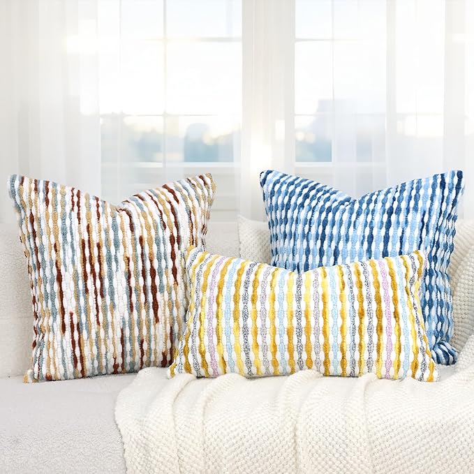 Boho Decorative Throw Pillow Covers 12x20 Inch, Chenille Tufted Pillow Cover Striped Textured Lumbar Farmhouse Accent Pillowcase for Couch Sofa Bedroom Living Room, Yellow White Stripe 1 Pack