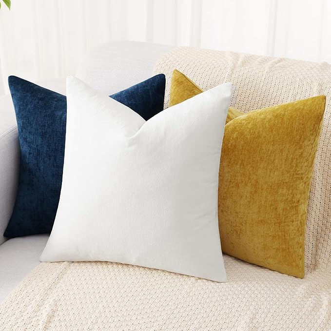 decorUhome Chenille White Throw Pillow Covers 12x20 Inch Set of 2, Decorative Soft Couch Pillow Covers Solid Dyed Accent Velvet Farmhouse Neutral Rectangle Christmas Pillow Cases for Sofa Living Room