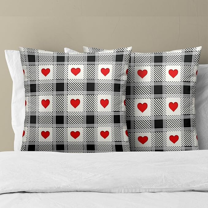 Love Hearts Throw Pillow Covers 18x18 Inch – Pack of 2 Black and White Checkered Plaid Romantic Cotton Hidden Zipper Pillowcases for Couch Sofa Chair Bed Porch Farmhouse Home Decor