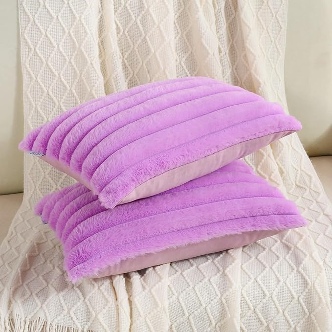 FUTEI Purple Striped Decorative Throw Pillow Covers 12x20 Inch Set of 2,Rectangle Winter Decorations Couch Lumbar Pillowcase,Soft Cozy Faux Rabbit Fur & Velvet Back,Modern Home Decor for Bed