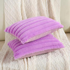 FUTEI Purple Striped Decorative Throw Pillow Covers 12x20 Inch Set of 2,Rectangle Winter Decorations Couch Lumbar Pillowcase,Soft Cozy Faux Rabbit Fur & Velvet Back,Modern Home Decor for Bed
