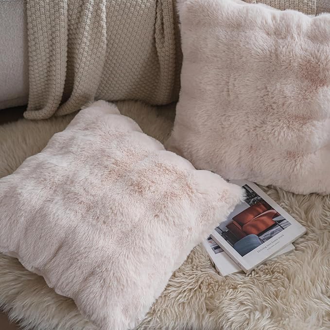 Neelvin Beige Faux Fur Cozy Soft Double-Sided Decorative Throw Pillow Covers 24x24 inch Set of 2,Velvet Pillowcase Cushion Case for Sofa Couch