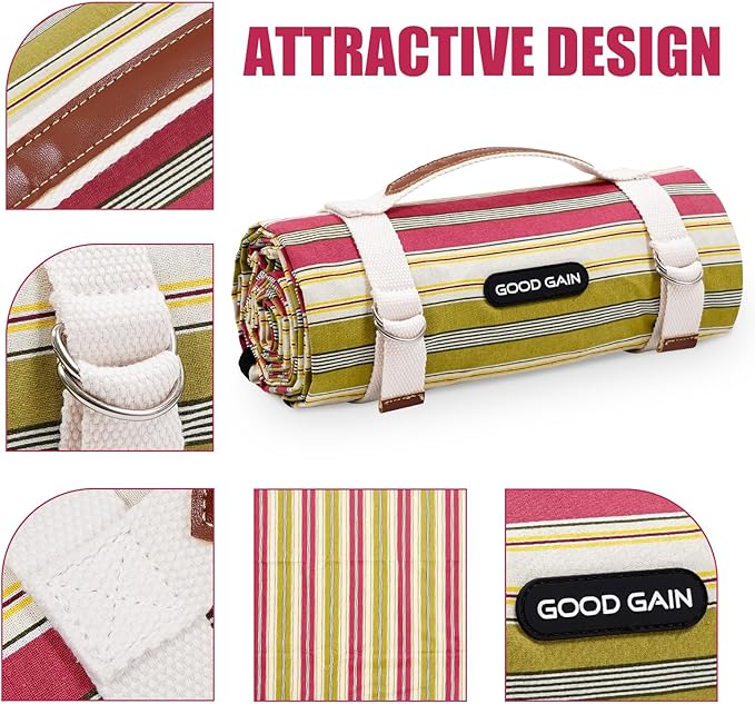 G GOOD GAIN Waterproof Picnic Blanket Portable with Carry Strap for Beach Mat or Family Outdoor Camping Party（Pickle）
