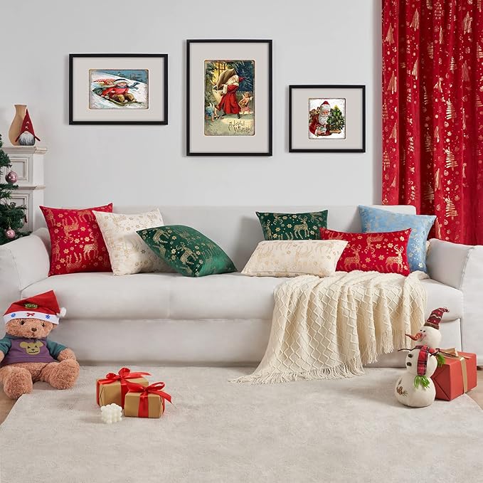 Topfinel Christmas Pillow Covers 12x20 Set of 2,Xmas Cream Velvet Snowflake Reindeer Decorative Pillow Case Winter Holiday Decor for Home Couch,White and Gold