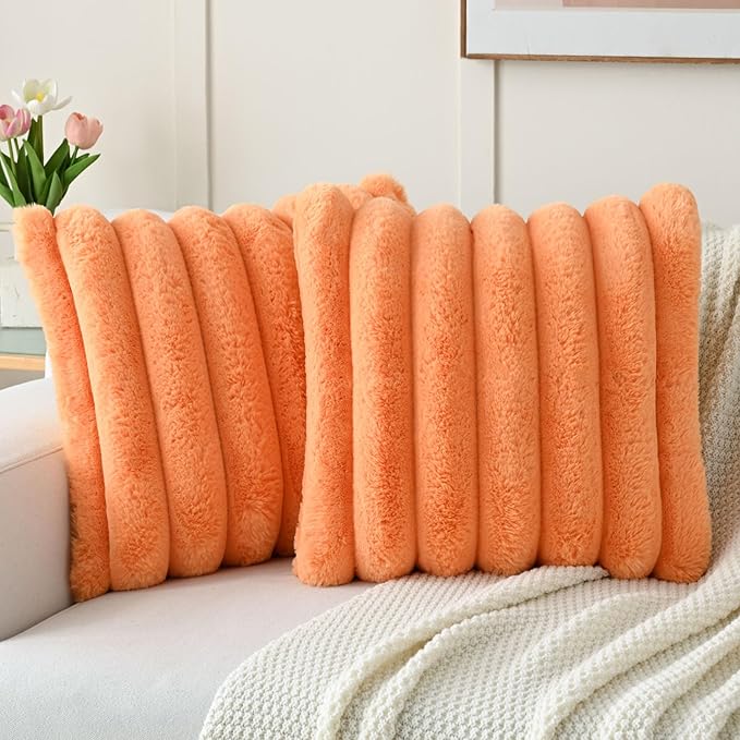 FUTEI Orange Decorative Throw Pillow Covers 16x16 Inch Set of 2, Square Soft Faux Rabbit Fur Big Striped Cushion Cover,Home Decor for Couch Sofa Bed Living Room