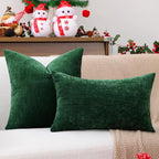 decorUhome Chenille Christmas Green Throw Pillow Covers 26x26 Inch Set of 2, Decorative Soft Couch Pillow Covers Solid Dyed Accent Velvet Farmhouse Neutral Square Pillow Cases for Sofa Bed Living Room