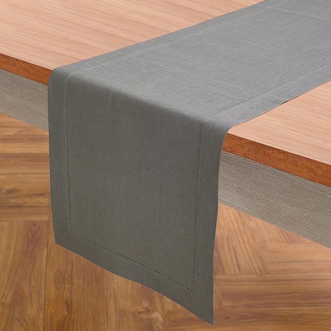 Solino Home Linen Steel Gray Table Runner 108 Inches Long - 100% Pure Linen Hemstitch 14 x 108 Inch Table Runner for Dining, Fall, Autumn - Classic Hemstitch