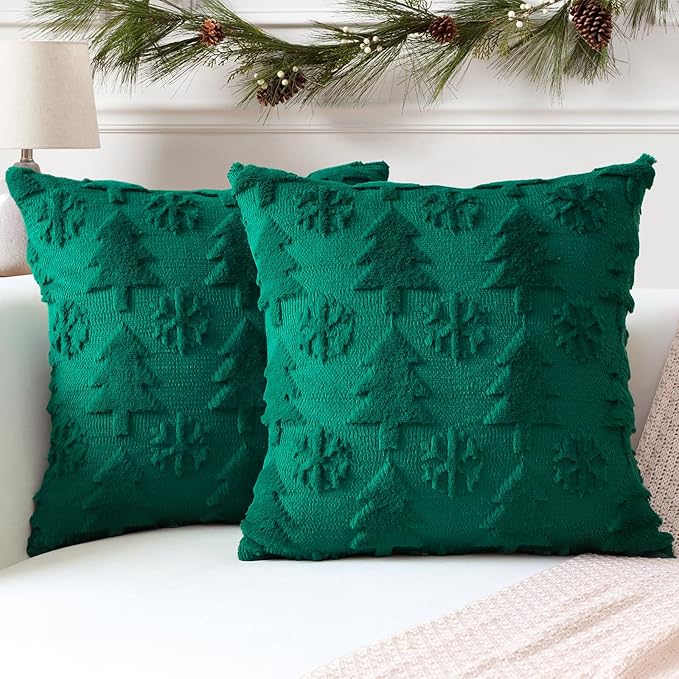 OTOSTAR Set of 2 Xmas Soft Plush Short Wool Velvet Decorative Throw Pillow Covers Square Luxury Style Cushion Case Pillow Shell for Sofa Bedroom Tree and Snowflake Green, 22x22 Inch