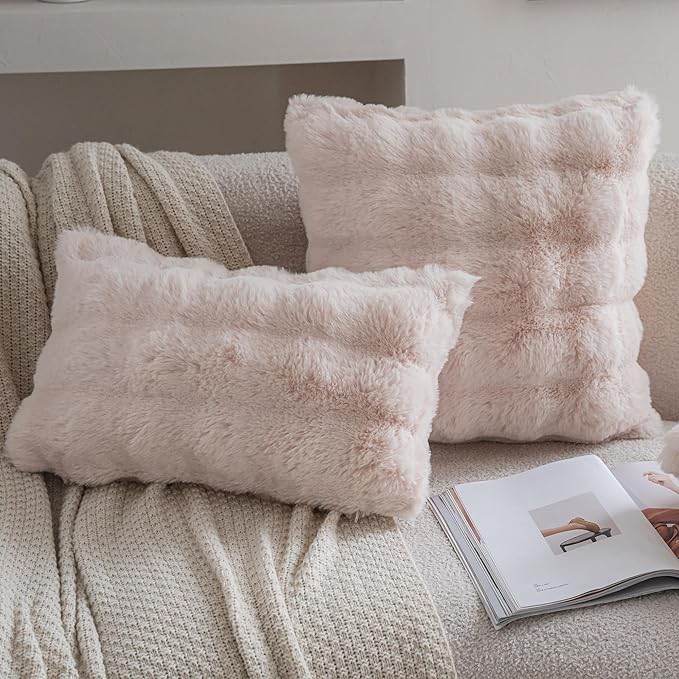Neelvin Beige Faux Fur Cozy Soft Double-Sided Decorative Throw Pillow Covers 24x24 inch Set of 2,Velvet Pillowcase Cushion Case for Sofa Couch